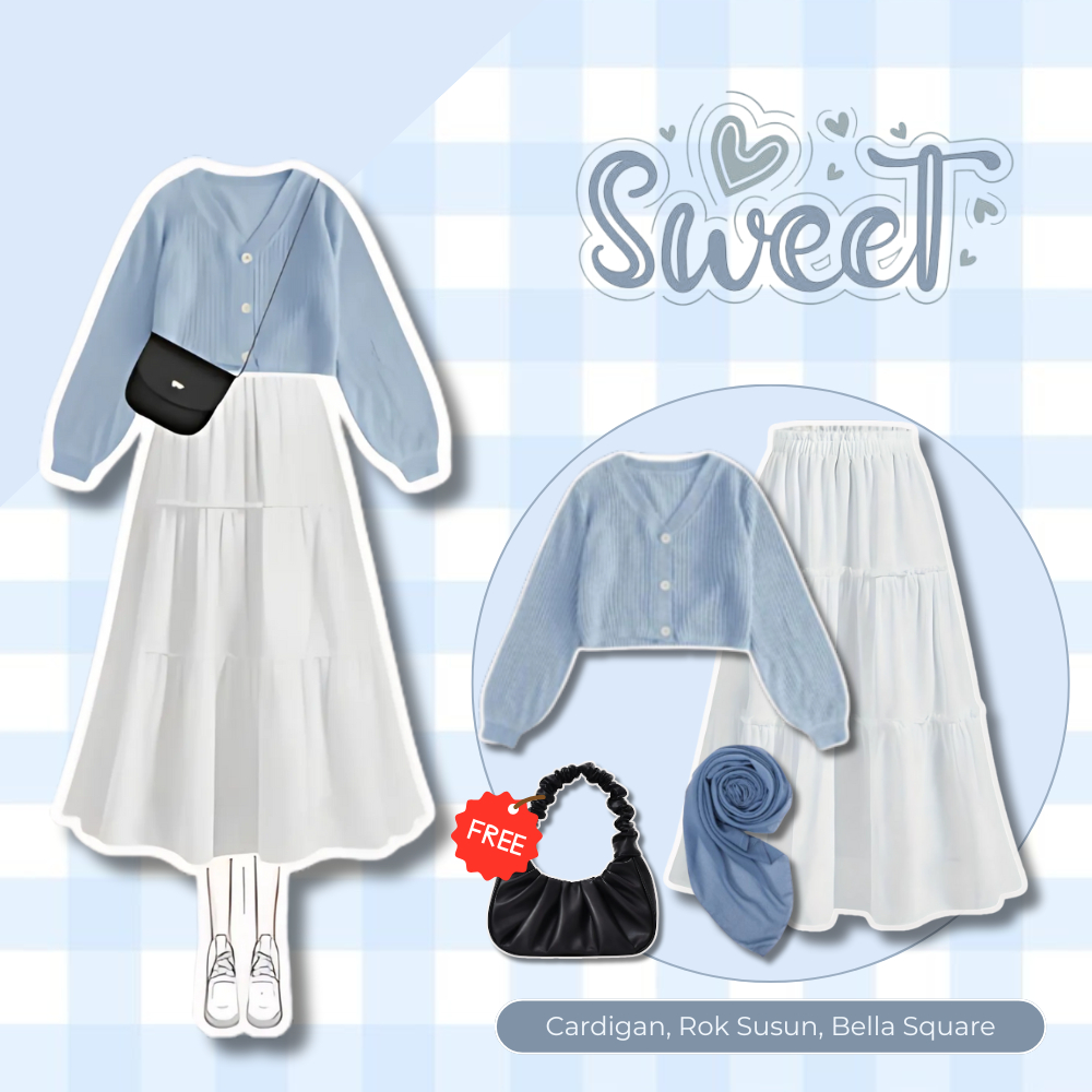 NABILA 3IN1 HIJAB OUTFIT CUTE HIJAB SET SKIRT KOREAN STYLE DAILY CASUAL