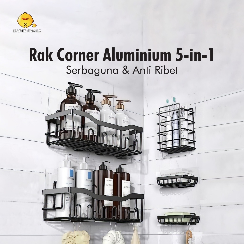 Icarer Family - ชั้นวางของเข้ามุมห้องน้ําอเนกประสงค์ 5 in 1 - ชั้นวางภาชนะในห้องน้ําแบบไม่ต้องเจาะ