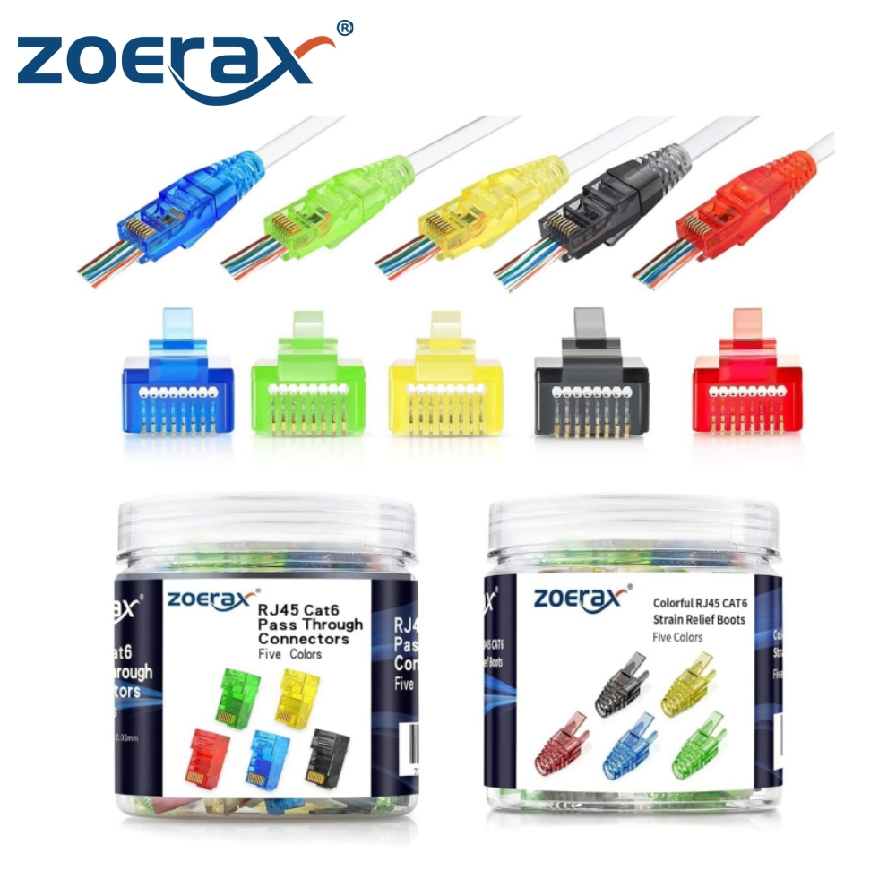 ZoeRax 100 ชิ้น RJ45 Cat6 Pass Through Connector และรองเท้าเรือยืด 100 ตัว ปลั๊กแบบแยกส่วน EZ to Cri