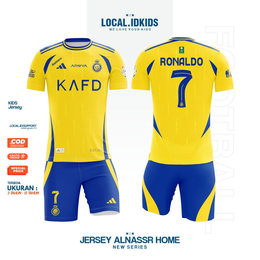ใหม่ล่าสุด SET al nassr home Jersey | เสื้อยืดกีฬาเด็กพรีเมี่ยมต้นฉบับ | เสื้อแข่ง Ronaldo | เสื้อฟุ
