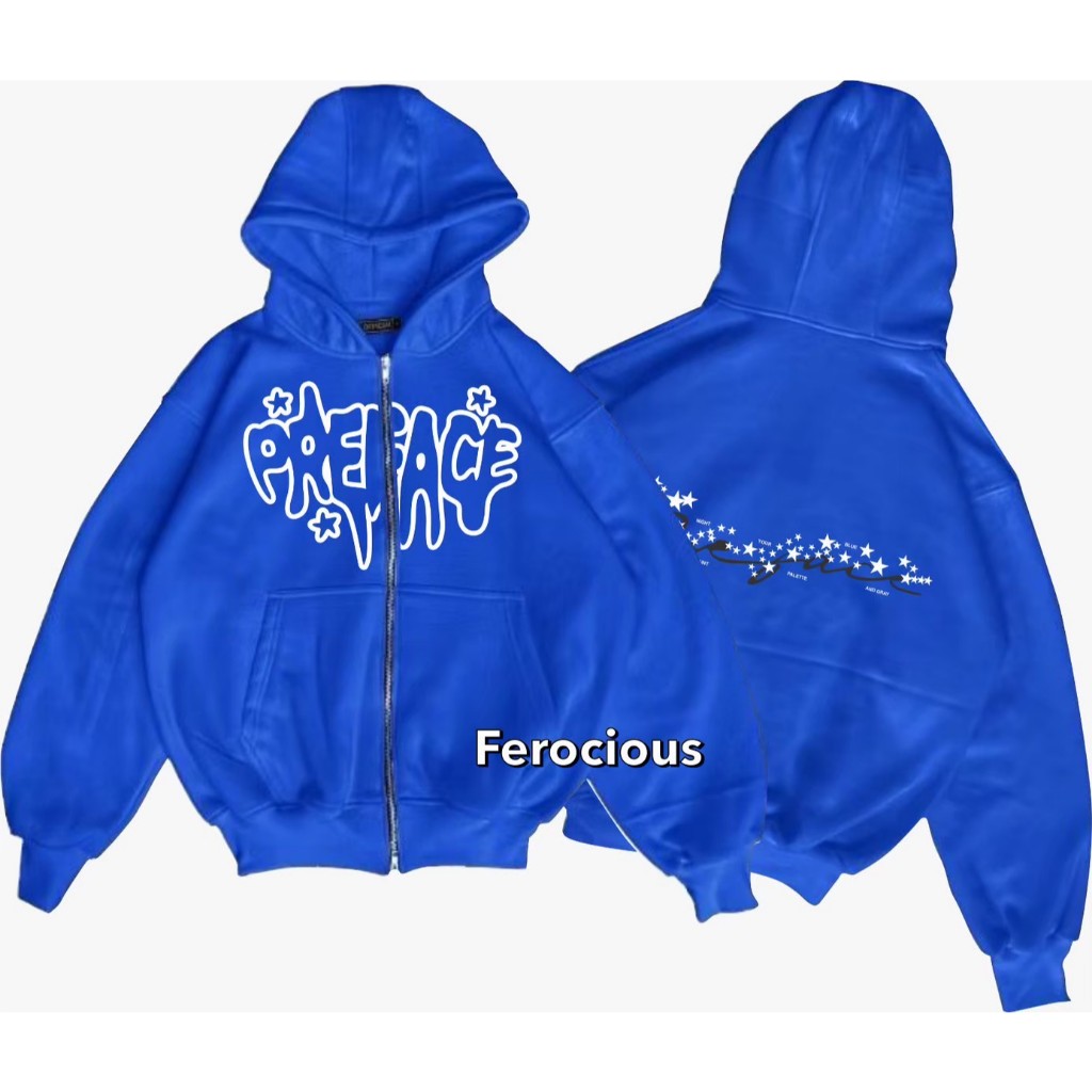 Cool Double Zipper Boxy Blue Hoodie เสื้อกันหนาวสําหรับผู้ชายและผู้หญิง PRFC Classica Dystonia