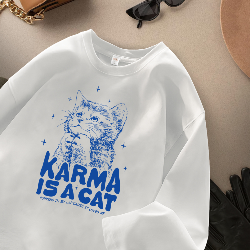 Ys Buyer - 7/8 Sleeve เสื้อยืดโอเวอร์ไซส์ | Karma Is Cat Motif | ผ้าฝ้ายมาเตเรียล
