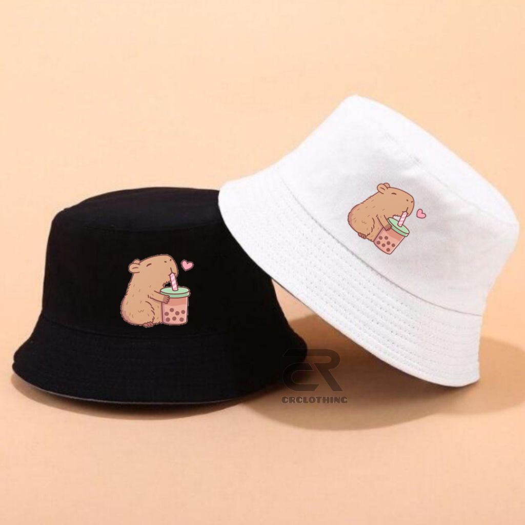 Capybara Bubble Tea Capyboba Bucket Hat / Capybara Bubble Tea Capyboba หมวกเด็กความงามน่ารัก