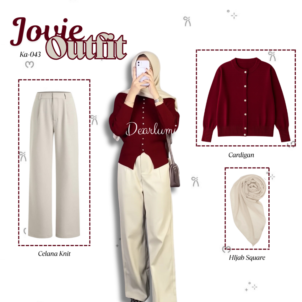 Dearlumi - ชุดโจวี่สําหรับผู้หญิง (เสื้อสเวตเตอร์ถัก Starla Maroon + กางเกงถัก + Bella Square Hijab)