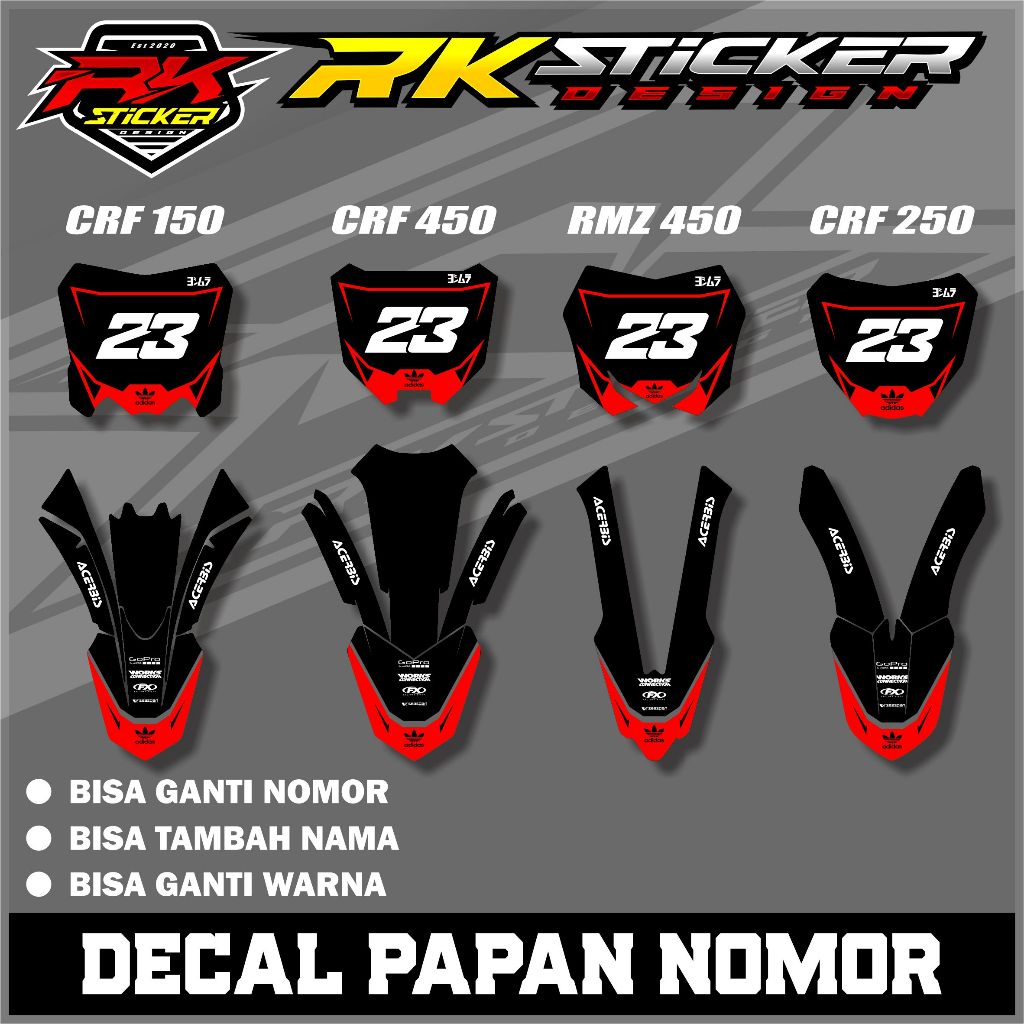 สติ๊กเกอร์บอร์ดและสติ๊กเกอร์บังโคลน CRF 150/250/450 และ RMZ 450 ชื่อและหมายเลขขอฟรี RK.002