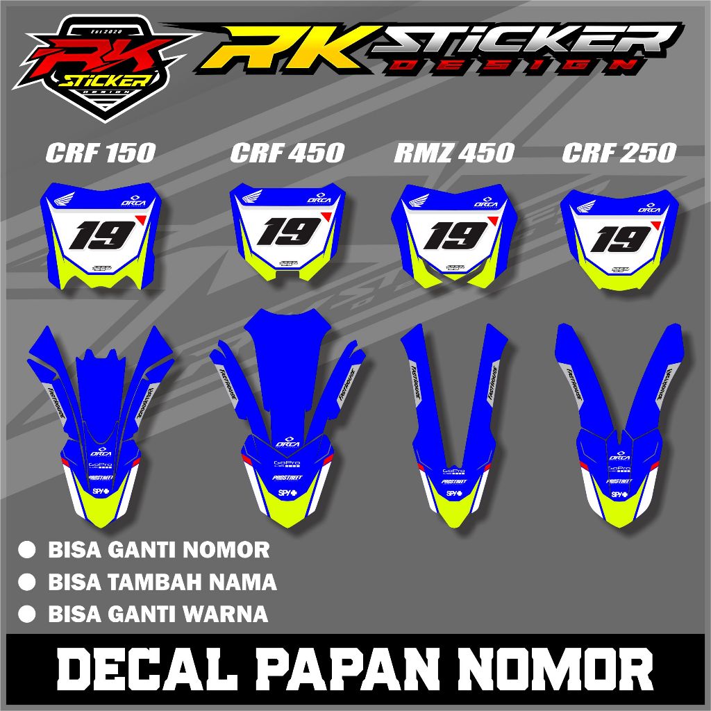 สติ๊กเกอร์บอร์ดและสติ๊กเกอร์บังโคลน CRF 150/250/450 และ RMZ 450 ชื่อและหมายเลขขอฟรี RK.008