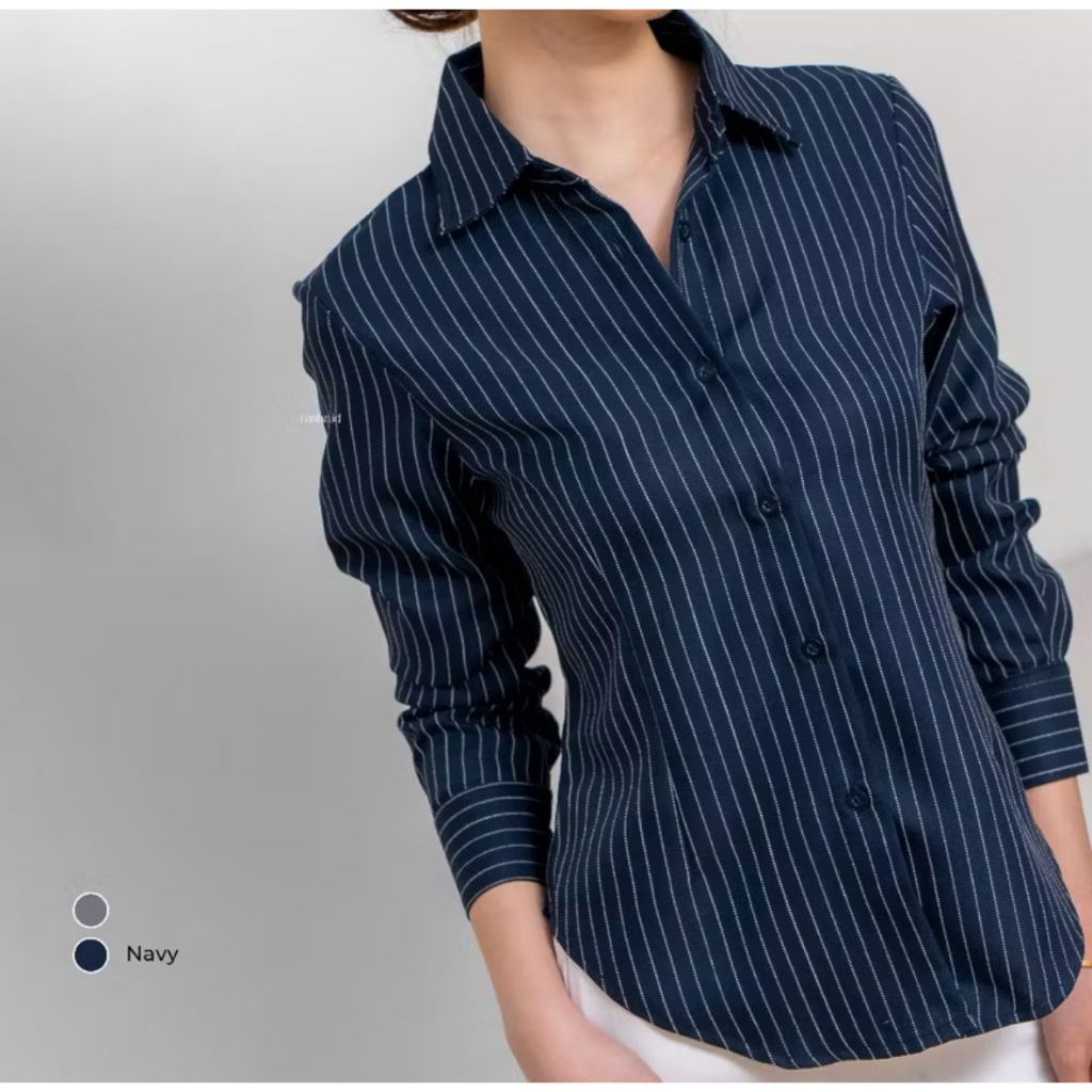 KEMEJA Luna Strip Fit Shirt เสื้อเบลาส์ทํางานลายทางผู้หญิงแขนยาวสไตล์เกาหลี