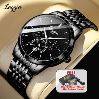 Loggio Jam Tangan Pria Original Display Kuarsa Cahaya malam Anti Air Tali Stainless Steel Santai Mode Jam Tangan Cowok