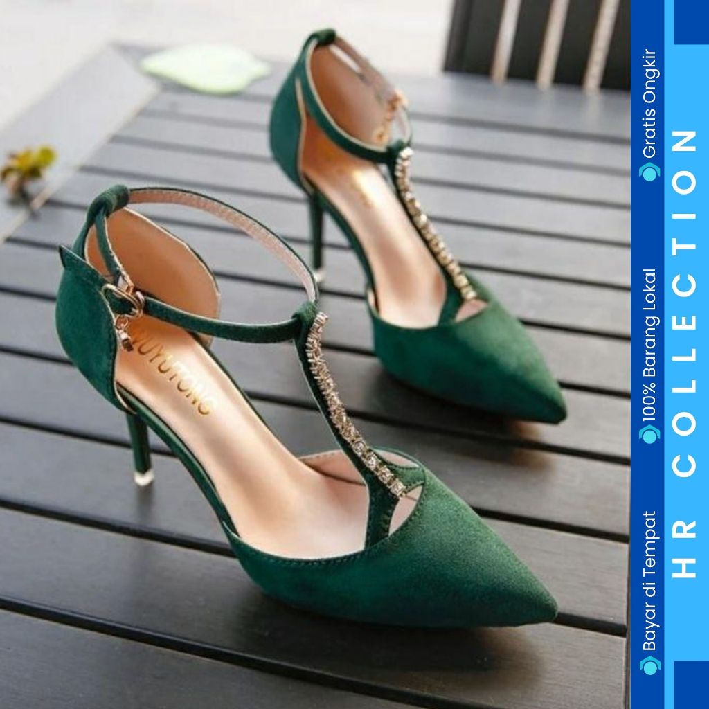 HR COLLE - รองเท้าแตะส้นรองเท้า 9 ซม. SOFT FULL SUEDE MATERIAL COMBINATION GOLD GEM BEAD ADJUSTABLE 