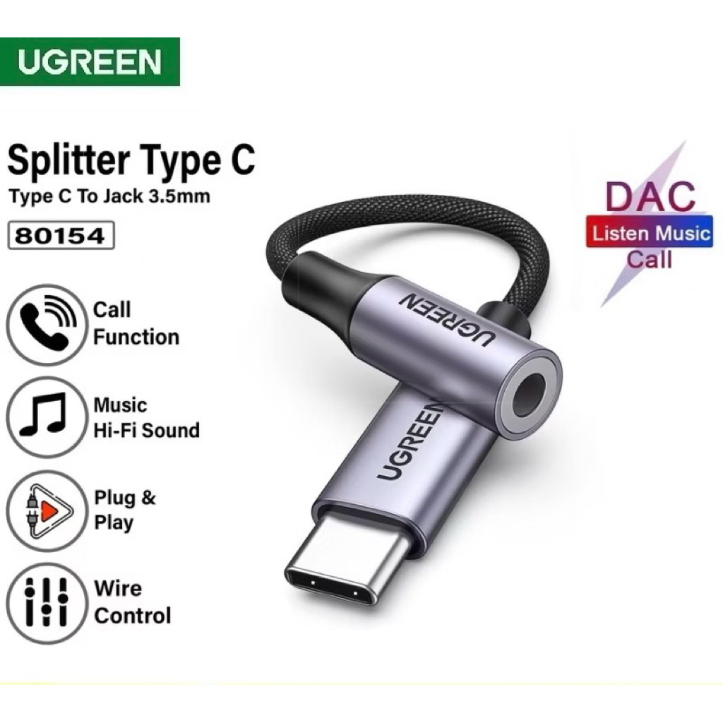 UGREEN อะแดปเตอร์ตัวแปลงแยกเสียง USB Type C เป็นแจ็ค 3.5 มม. DAC เปิดไมโครโฟน 80154