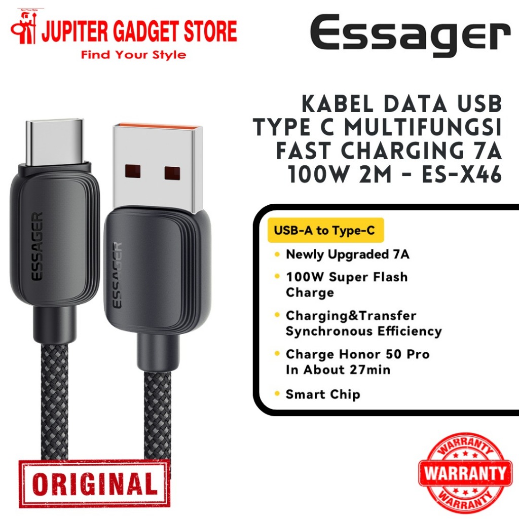 ESSAGER สายเคเบิลข้อมูล USB Type C มัลติฟังก์ชั่นชาร์จเร็ว 7A 100W 2M - ES-X46