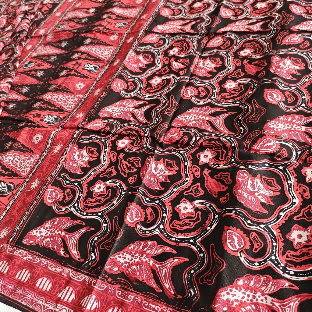 KATUN MERAH Jambi Batik ชุดผ้าโสร่งผ้าคลุมไหล่ผ้าฝ้ายคอติฟปลาสีดําและสีแดงล่าสุด ชุดสิบกุลอุก [RIA L