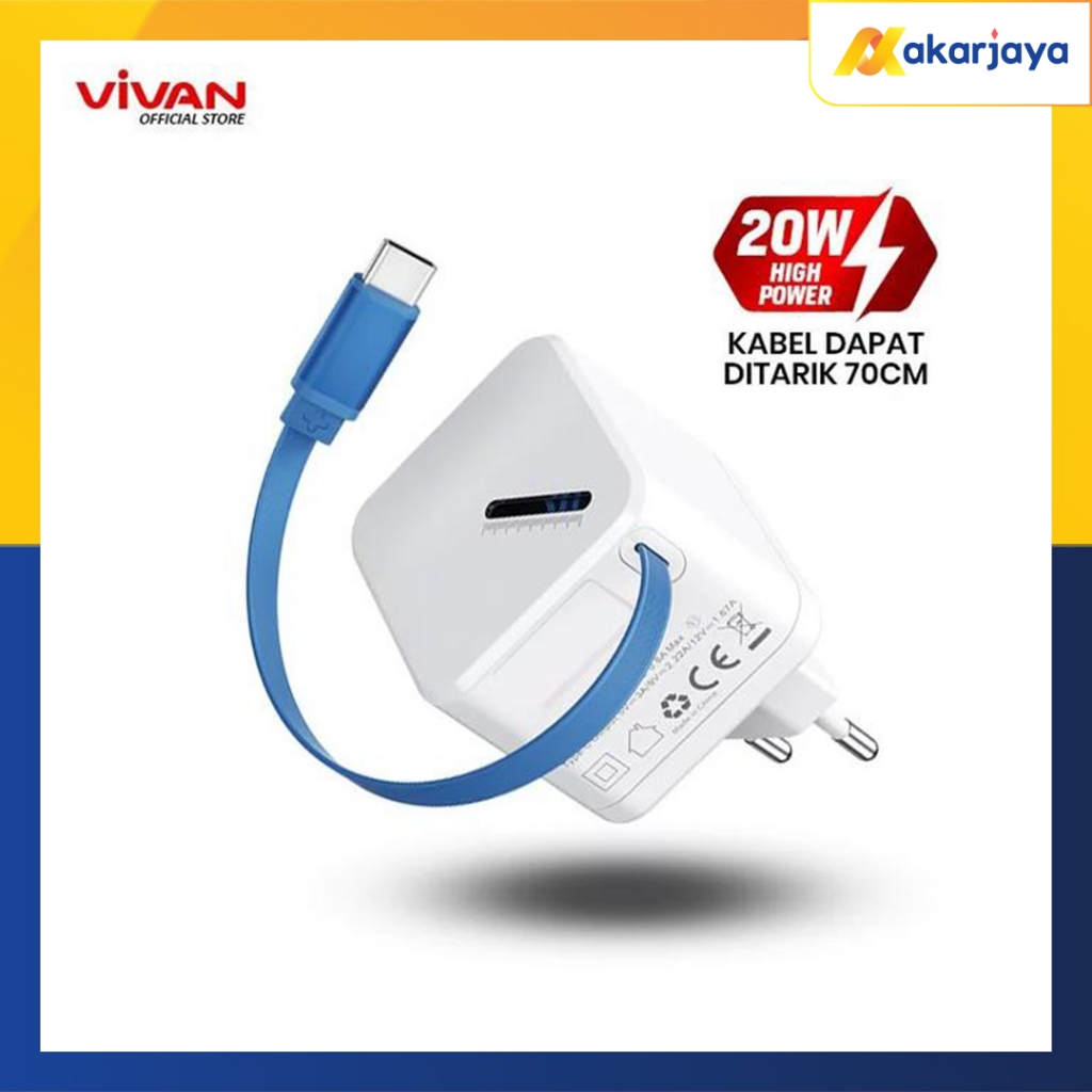 VIVAN Mini Charger Super 4S Integrated Cable Type C 70CM Fast Charging 20W 3A PD QC 3.0