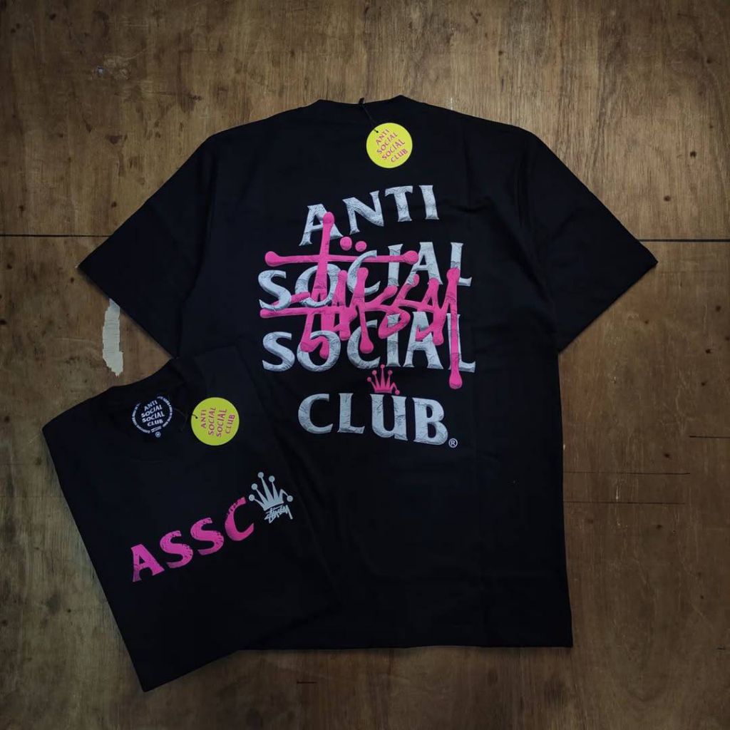 ASSC Ansos Anti Social Social Social Club x Stussy Black Cotton Combed 24s Mirror Fulltag เสื้อยืด
