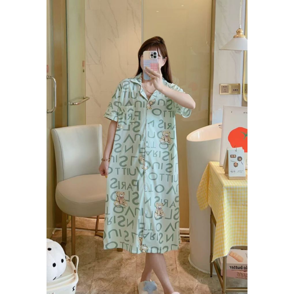 Daster Dress Pyjamas ชุดนอนสตรียาวมีกระดุมแอคทีฟและคอปกตัวอักษร