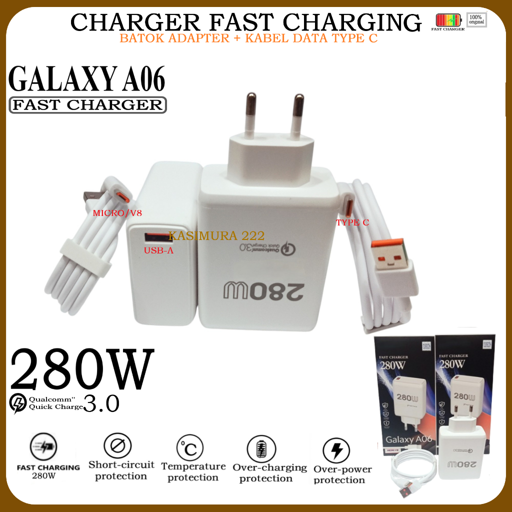 280W สําหรับ Galaxy A06 สําหรับ Android Fast Charging อะแดปเตอร์ Batok + สาย USB Type C Fast Charger