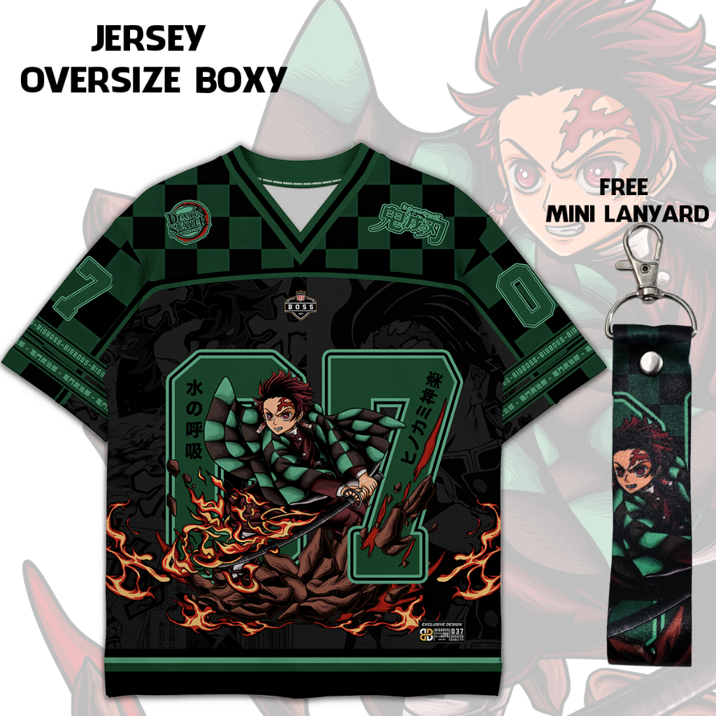 (ฟรีเชือกเส้นเล็ก, สติ๊กเกอร์) BIGBOSS Demon Slayer Anime Jersey Unisex Oversize Boxy 037 Tanjiro