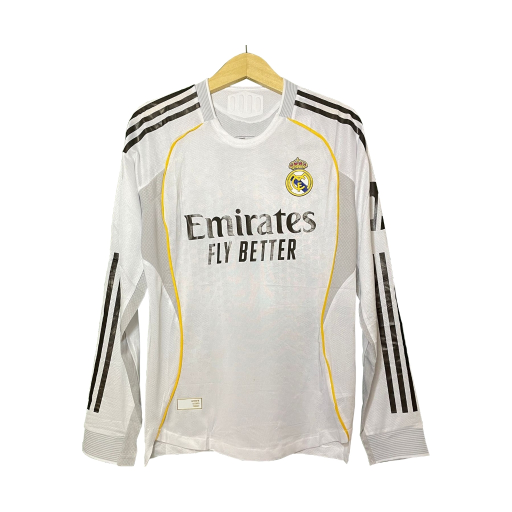 Re.madrd Home Player ฉบับที่เสื้อกีฬาแขนยาวผู้ชาย 25/26 สีขาวสีดํา Gold Trim GO คุณภาพสูง