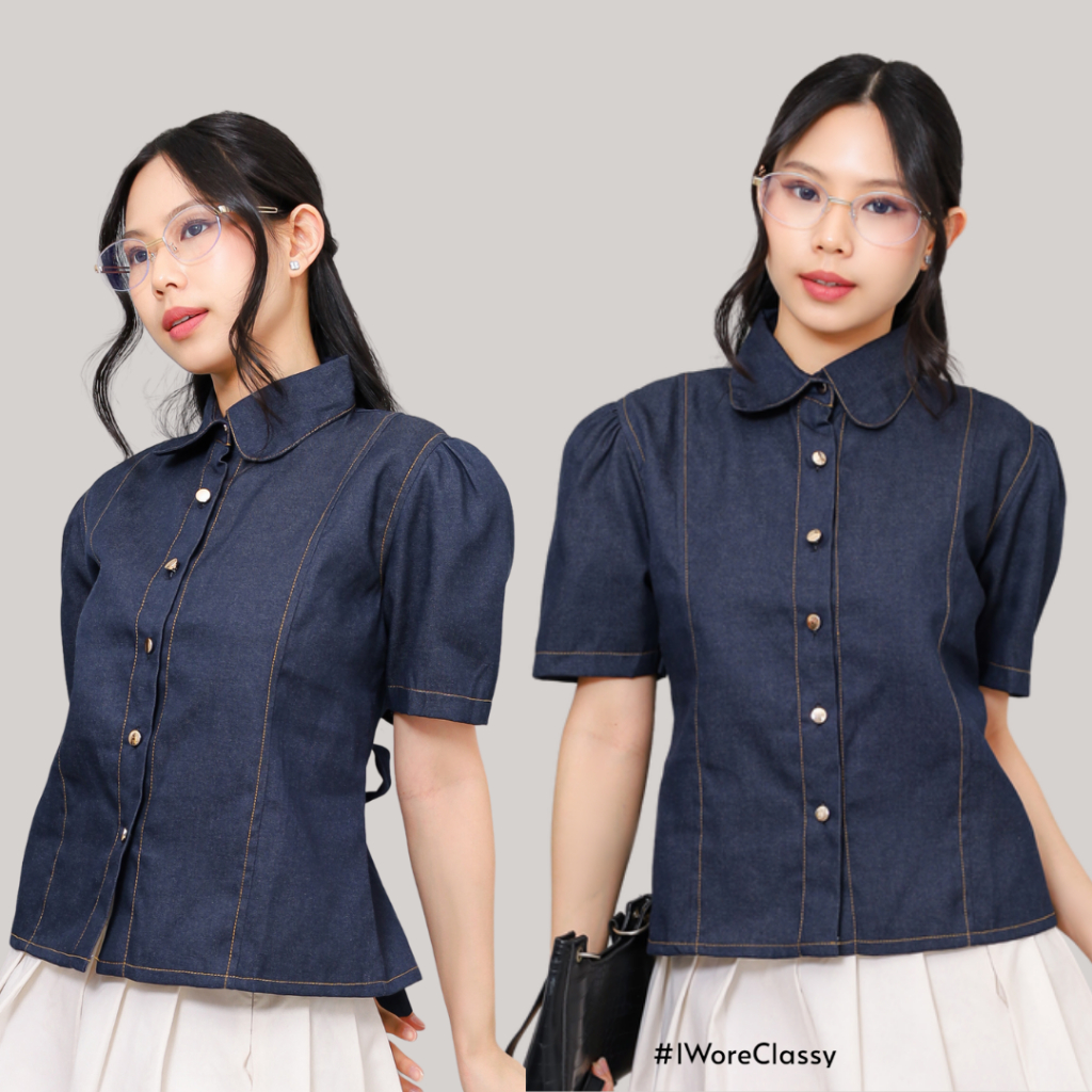 KEMEJA CLASSY Karina Denim Shirt 2117 Contrast Stitching Premium Short Sleeve Womens Top Shirt