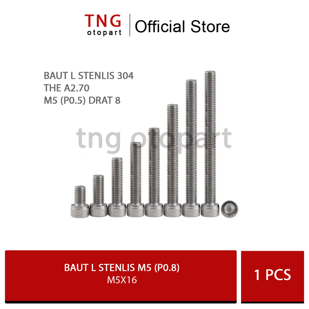 M5 Bolt L M5X16 (เกลียว 8 ยาว 1.6 ซม.) / สแตนเลส 304 กุญแจ A2-70 / L5 / ด้าย 8