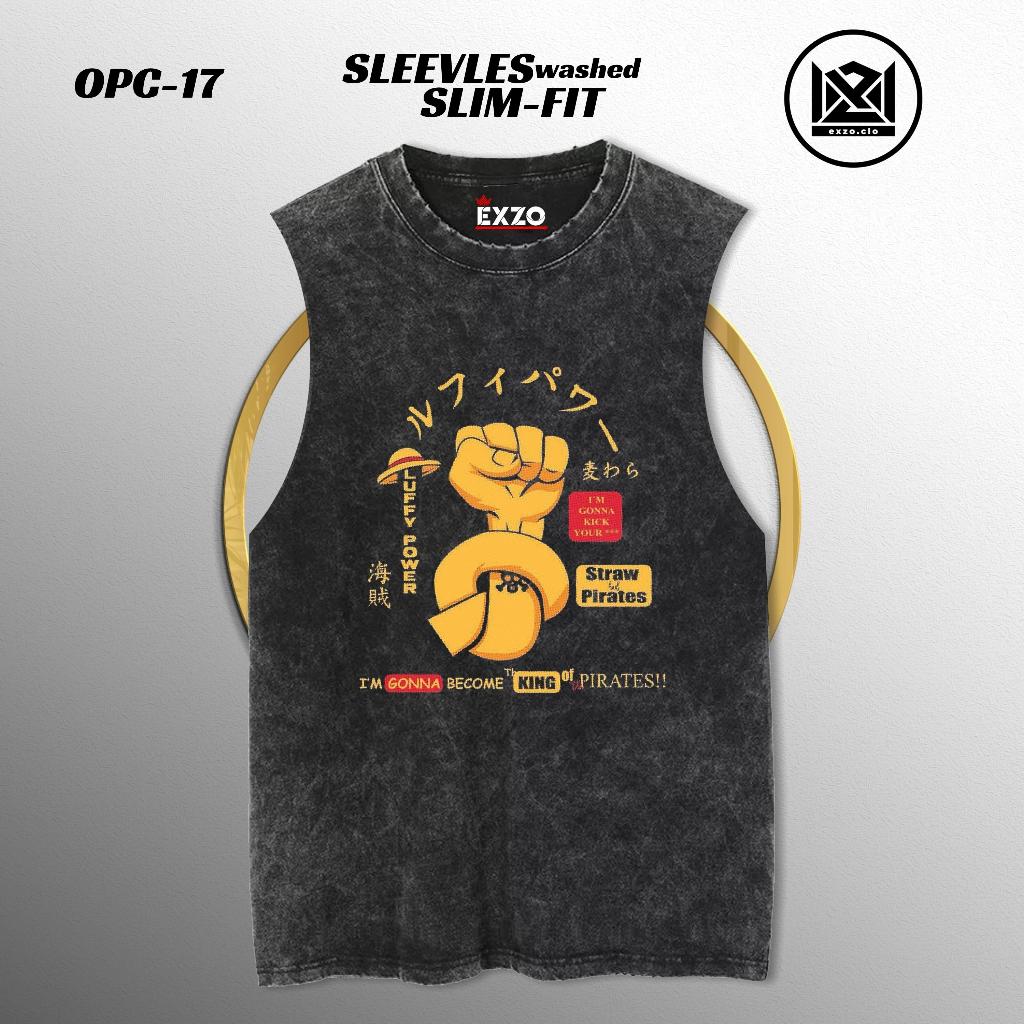 EXZO เสื้อกล้าม LUFFY ONE PIECE WASHED SLEEVLES SLIMFIT ผ้าฝ้ายหวี 24s LUFFY TSHIRT