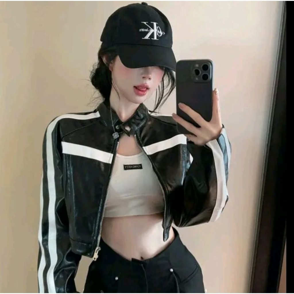 Leather Crop Jacket กึ่งแจ็คเก็ตหนังรุ่น แถบหนังผู้หญิง Casual PU Vintage Jacket ผู้หญิง / ผู้หญิง S