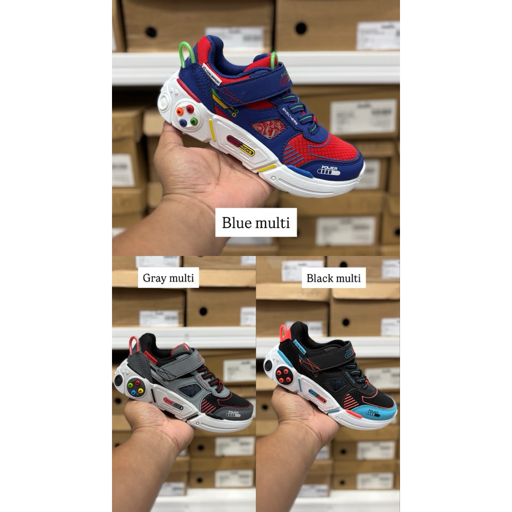SKECHERS GAME KICK GAMETRONIX 2.0 BLUE BLACK GREY MULTI SKE รองเท้าเด็ก402260L รองเท้าต้นฉบับ