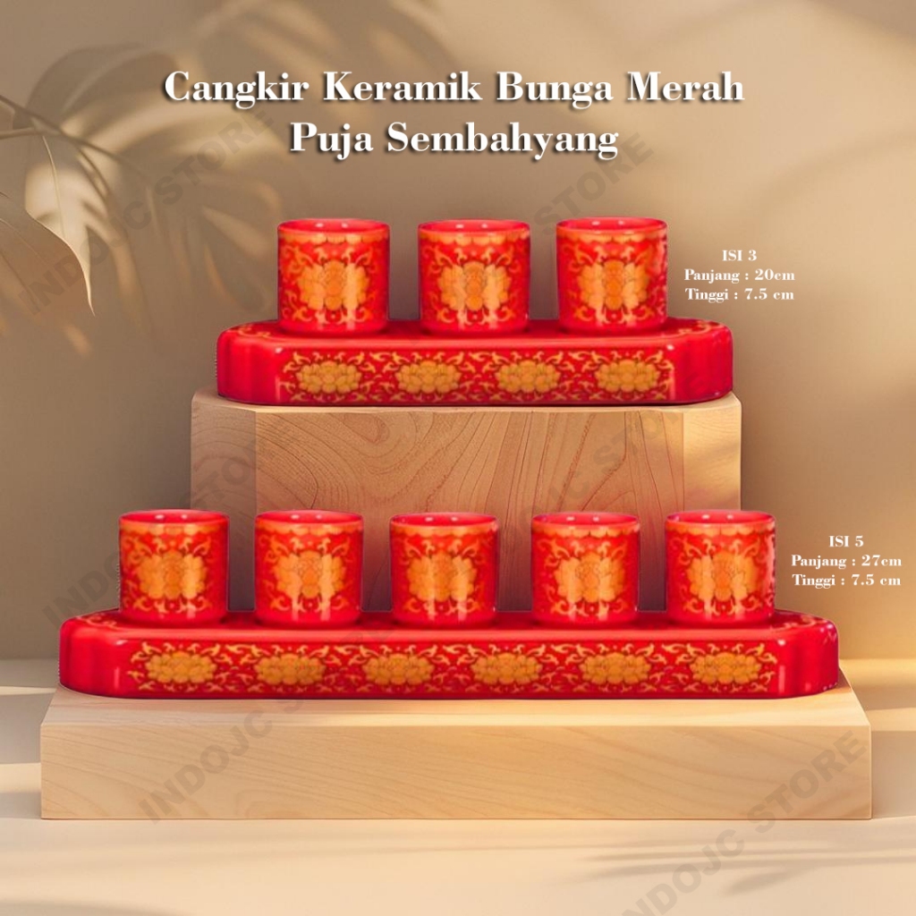 MERAH ชุดถ้วยเซรามิคสีแดงสําหรับสวดมนต์แท่นบูชาด้วย Lotus/Lihua Gold Motif