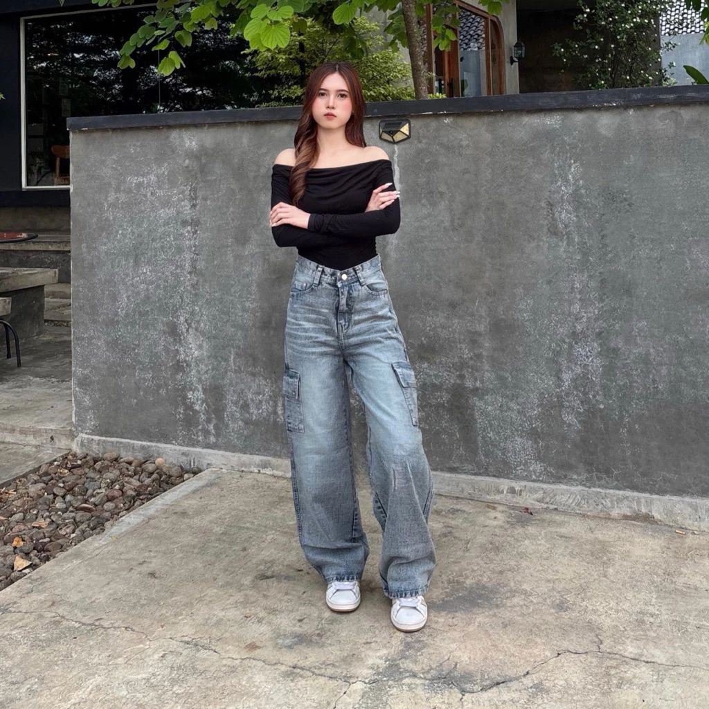 HIGHWRIST BAGGY CARGO JEANS RETRO | ผู้หญิง BAGGY WISKER CARGO PANTS