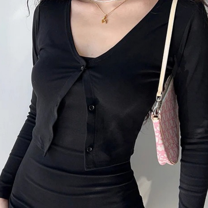 CO 1QOY ผู้หญิง 2 ชิ้นสายคล้องชุด Bodycon Mini Dress และ V คอคาร์ดิแกนแขนยาว (S-XL)