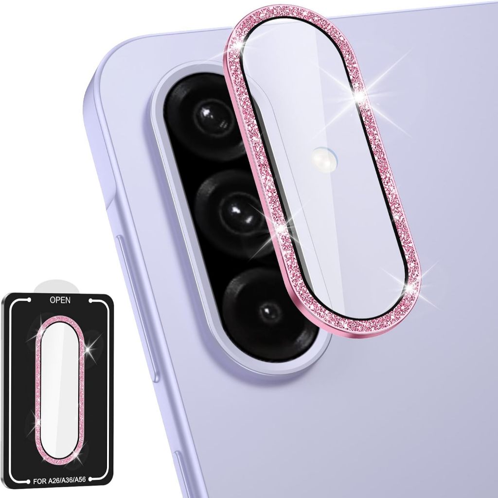 MERAH GLITTER RING กล้องสีชมพู Samsung A17 A56 A36 A26 A16 กระจกนิรภัย/กระจกคลุมทั้งหมด JET BLACK Da