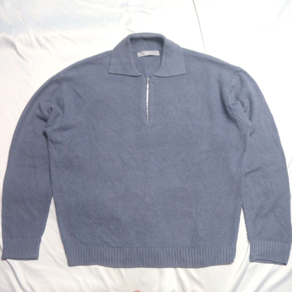 EIGHT SECONDS 8SECONDS ครึ่งซิปสีฟ้า Textured Collar เสื้อไหมพรมเสื้อกันหนาว Crewneck ถักแจ็คเก็ตขนส