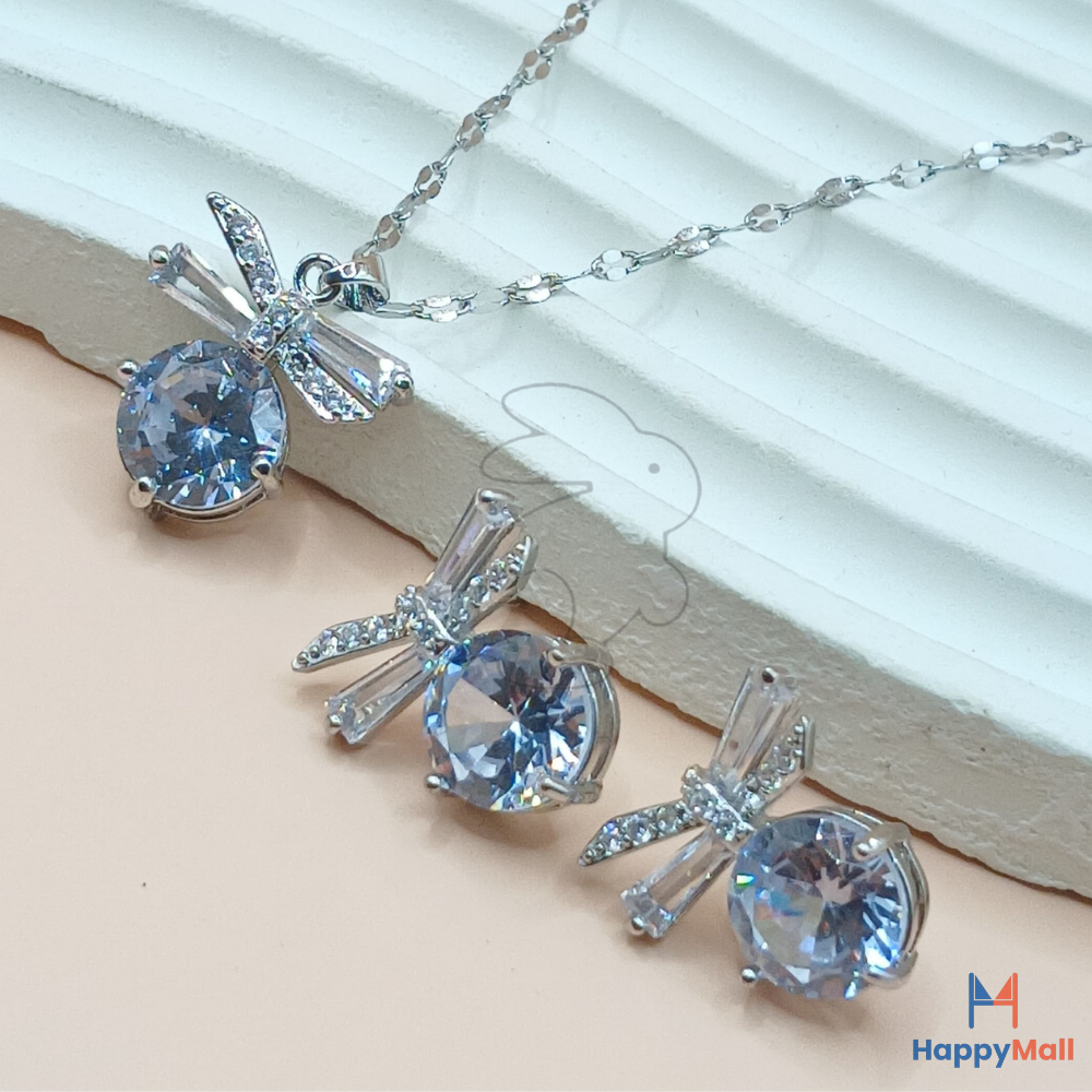 HappyRabbit - ชุดสร้อยคอและต่างหูริบบิ้นผู้หญิงชุบ 18A หรูหรา | HRS11003