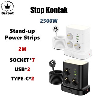 2500W Stop Kontak Stand-up Power Strips LED Night Lamp Kabel Power Strip Dengan 7 Lubang + 2 USB + 2 PD Panjang 2 Meter