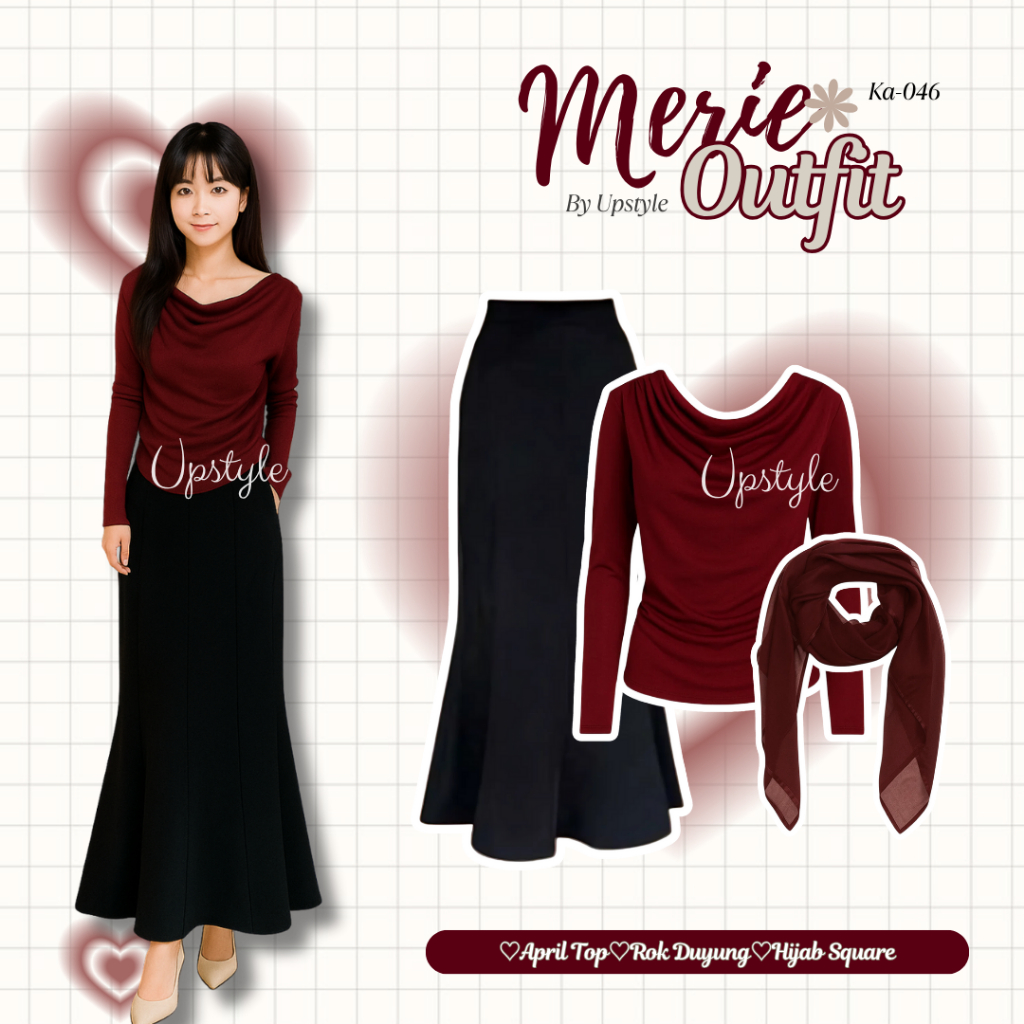 Upstyle - Merie Outfit Set Maroon Style Womens Korean Style (Aprita Top + กระโปรงนางเงือก + Bella Sq