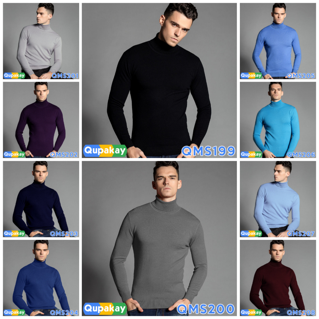 QUPAKAY เต่าคอคอเต่าผ้าฝ้าย Fine Knit Sweater | เสื้อเชิ้ตผู้ชายนุ่ม เย็นสบาย QMS199 - QMS208