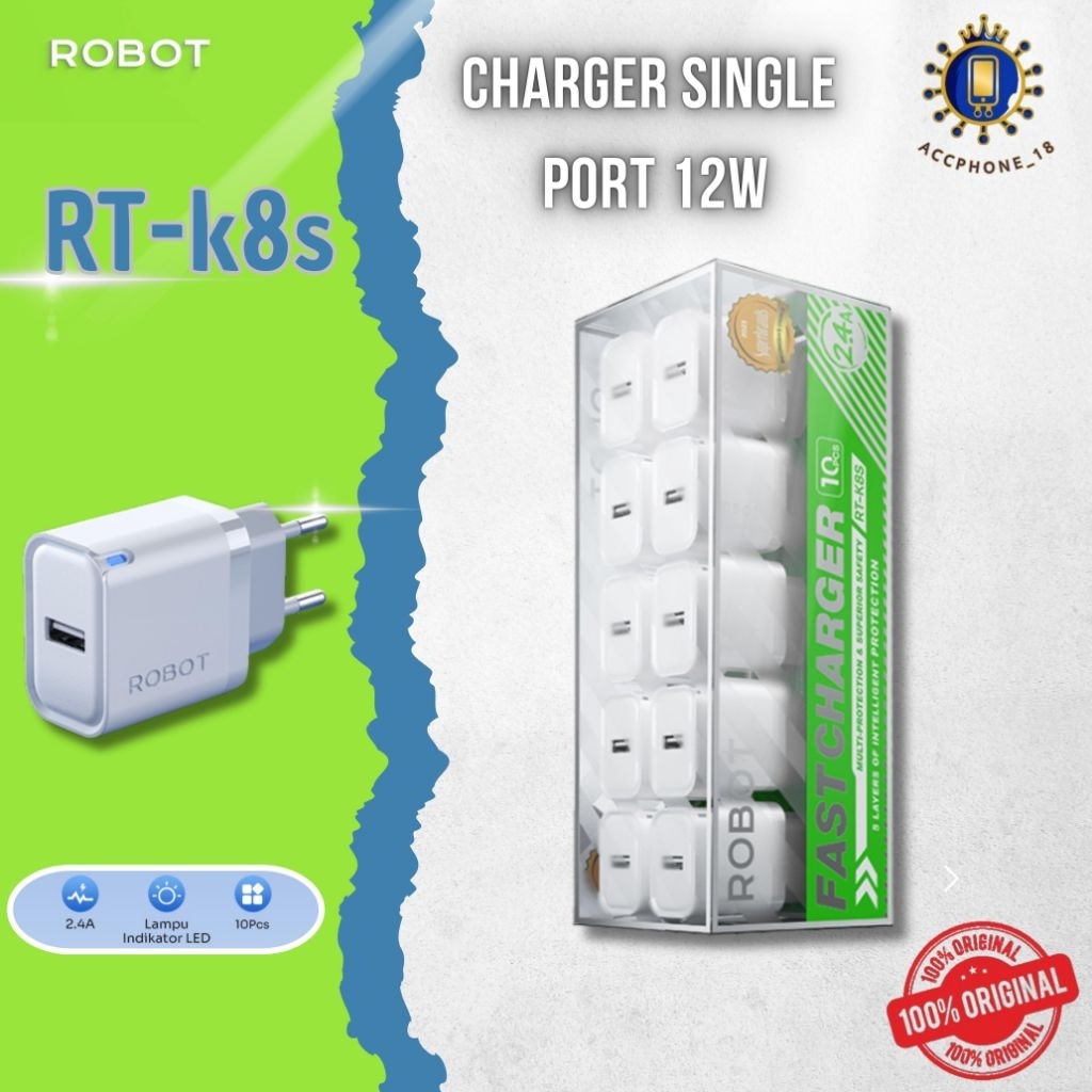 รพ. 209.520 Min Order 3 กระปุก // ROBOT RT-K8//K8S [1 กล่อง มี 10 ชิ้น] Charger Batok / หัวชาร์จ 2.ก