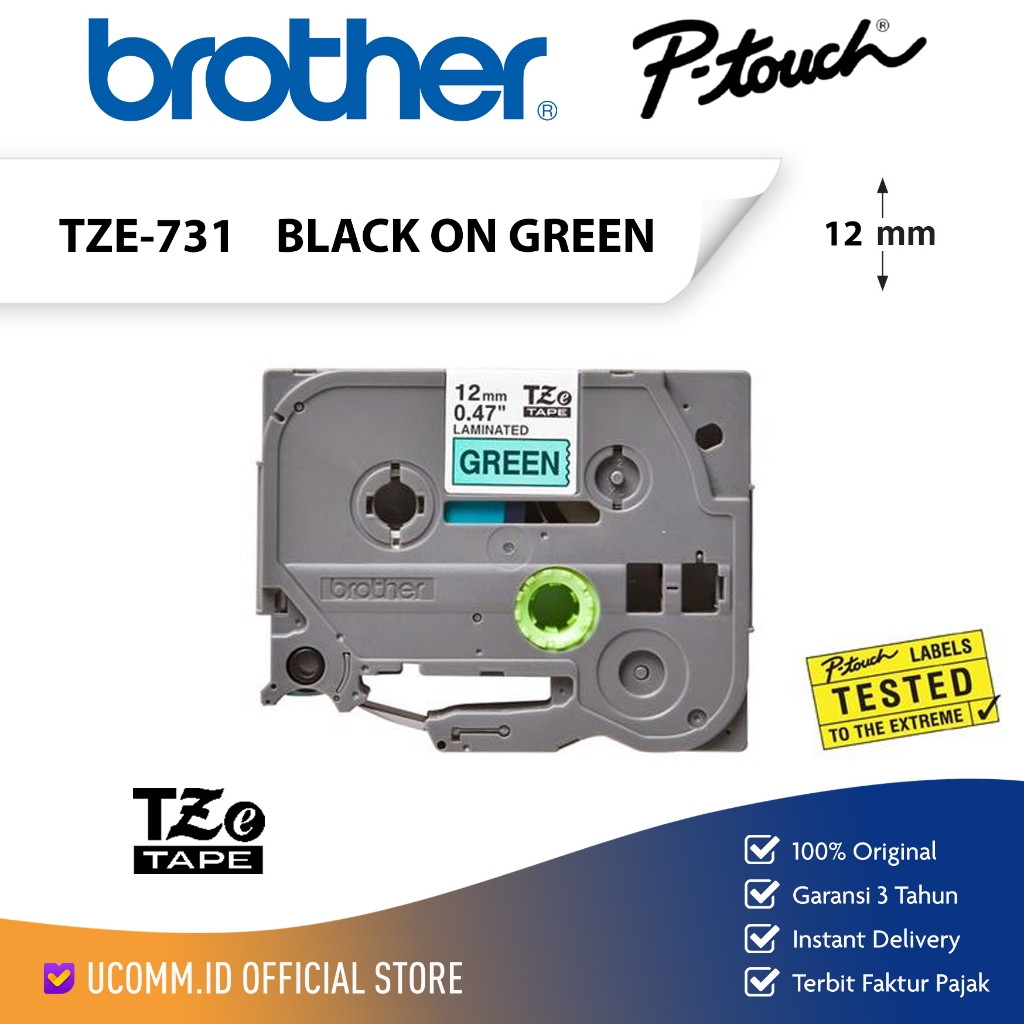 BROTHER Label Tape TZE 731 สีดําบนสีเขียว 12mm Label Tape Pritner PT Brtoher Tze731 Tze 771 สีดําบนส