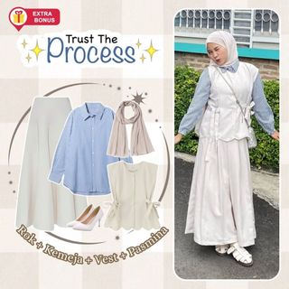 One Set 4in1 Kemeja Salur Vest Cheris Rok Joda Hijab Pasmina Pashmina Ceruty | OOTD outfit wanita cewek anak remaja hijab modern kekinian korean rok style lebaran hari raya bukber kondangan hangout main ngopi cafe kuliah DL239