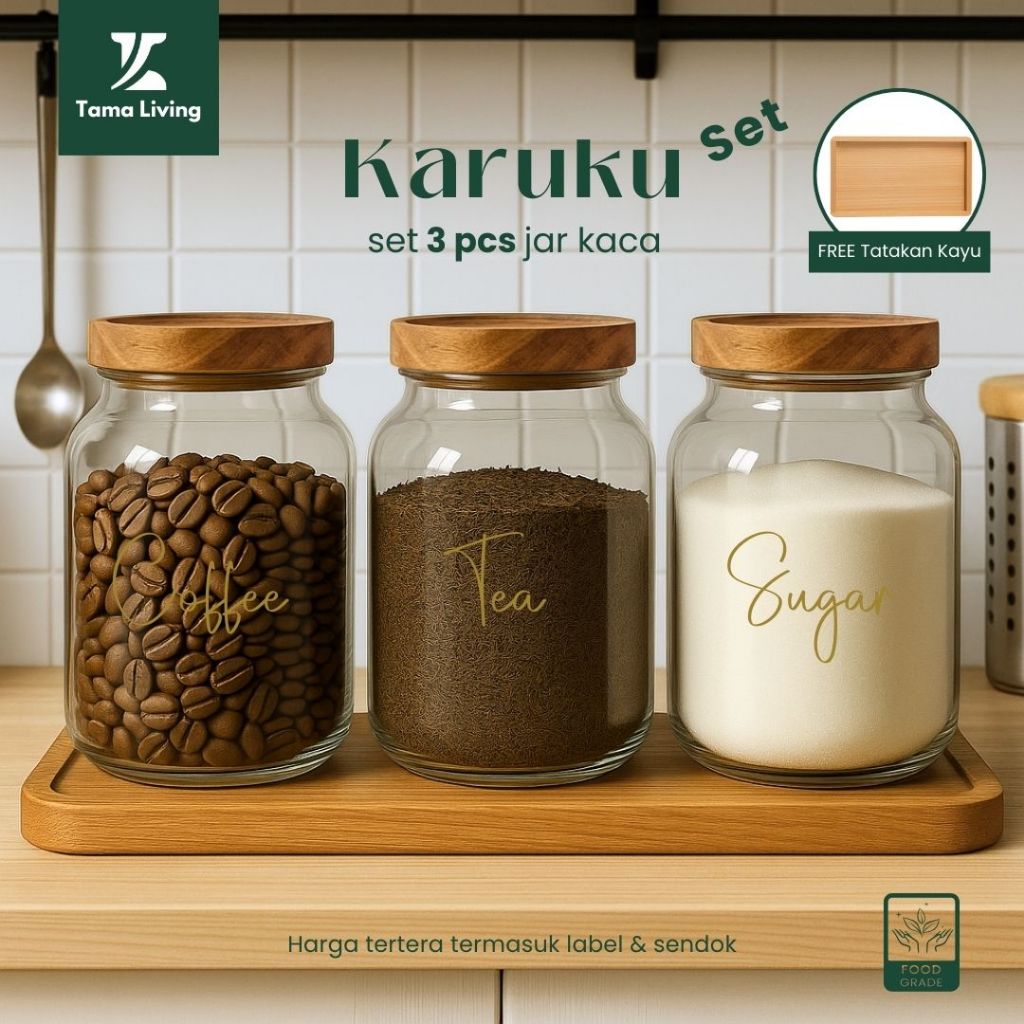 TAMA LIVING Karuku Jar ชุด 3 ชิ้น 1.250 ml Gold Label ฟรีขวดครัว Coaster ครัวเครื่องเทศ Jar