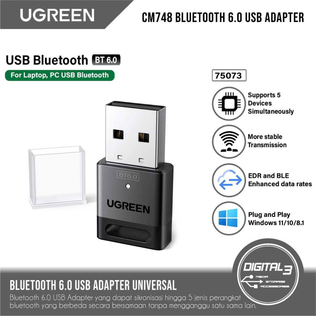 UGREEN CM748 USB Bluetooth 6.0 Dongle Adapter Receiver สําหรับ PC แล็ปท็อปสมาร์ทโฟนคีย์บอร์ดเมาส์ Un