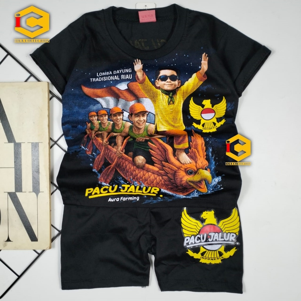 IDC Aura Farming Pacu ชุดเสื้อสีดําแขนสั้นเด็กชายลายสําหรับเด็กอายุ 1-10 ปี