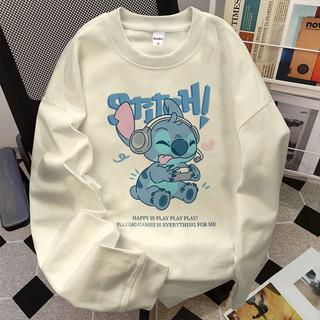Disneay Kaos Lengan Panjang Tangan Karet Korean Style | Cartoon Cute Stitch Graffiti | Kaos 24s Cotton Combed | LongSleeve Kaos Cream Tebal