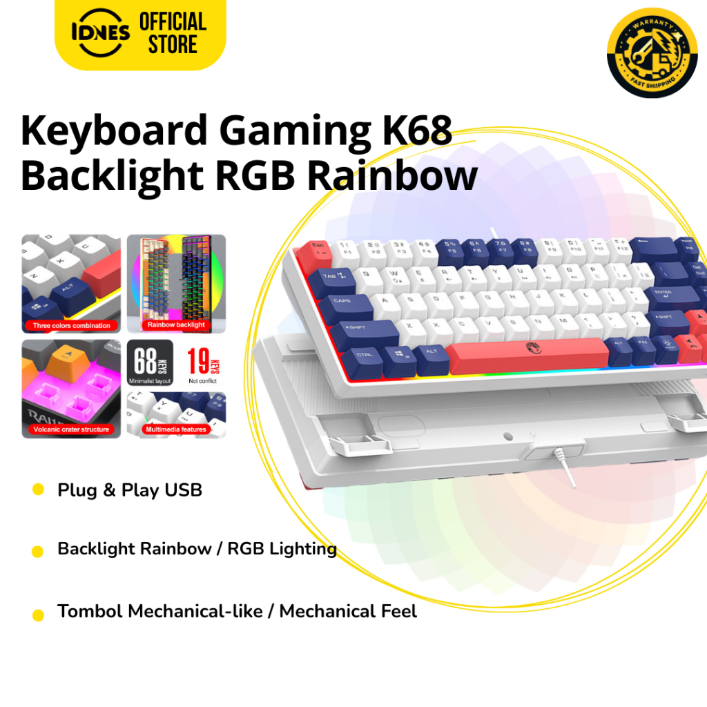 K68 RGB คีย์บอร์ดเกมแบบมีสาย RGB สีขาว 68 คีย์คีย์บอร์ดแบบมีสาย RGB คีย์บอร์ดแบ็คไลท์สาย USB