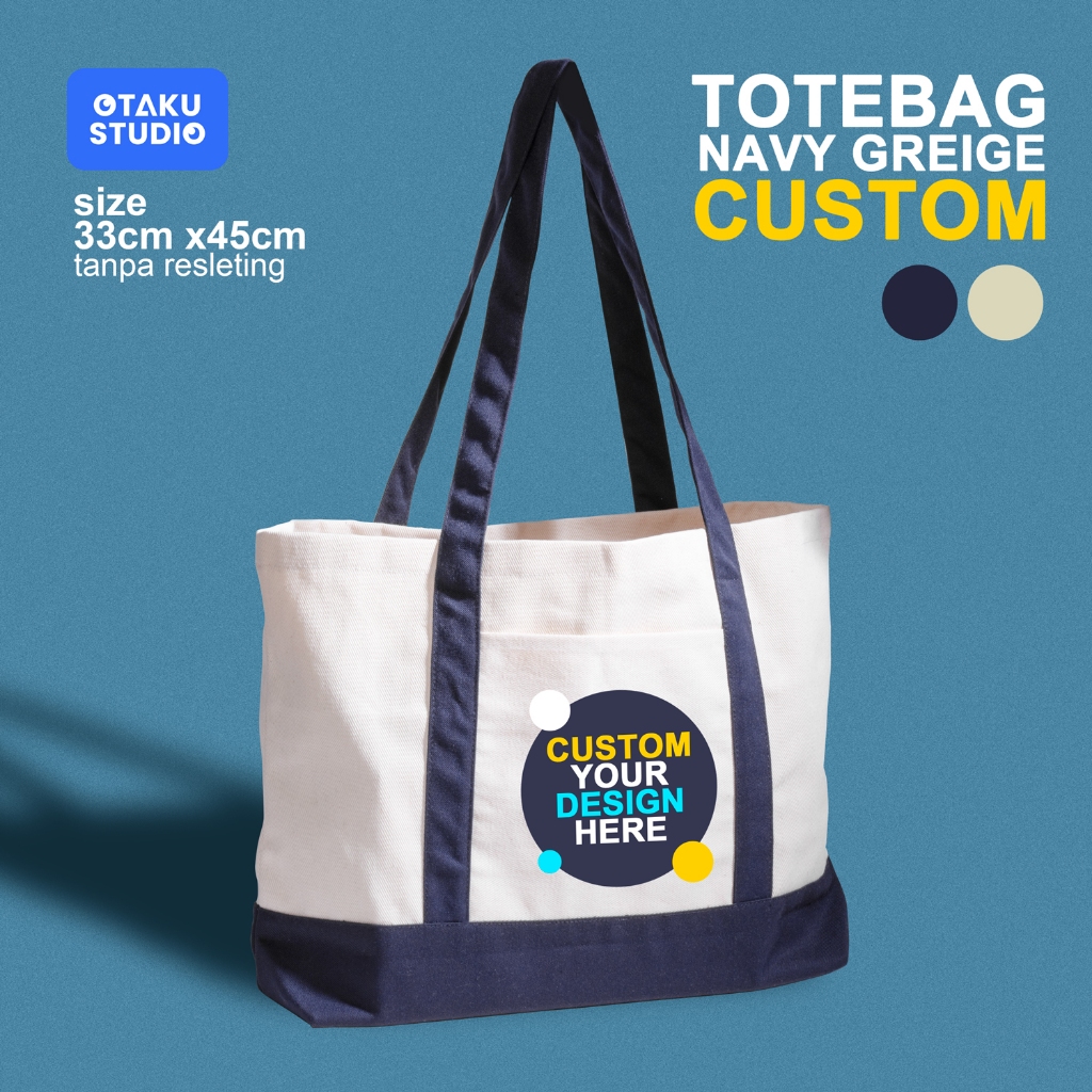 Otaku Studio - Custom Landscape Canvas cream navy Tote bag / Custom Single Image Tote bag