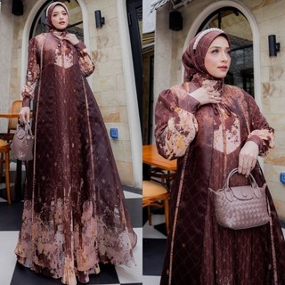 NEESYA SERIES BY D'MECCA SYARI GAMIS CERUTY PREMIUM PRINTING PLISKET OUTER CARDI ORGANZA SET JILBAB SCARF VOAL HIJAB KHIMAR