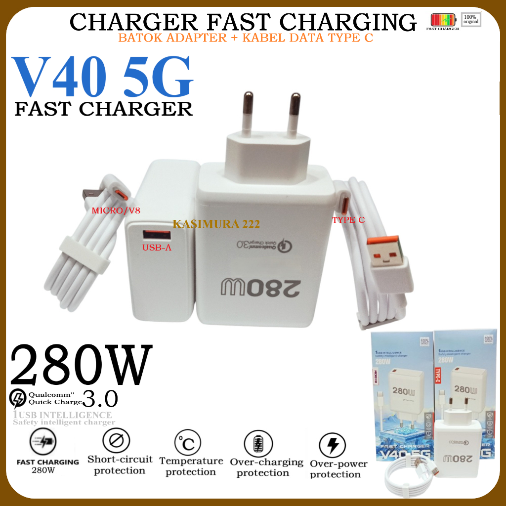 เครื่องชาร์จสําหรับ VVO V40 5G สําหรับ Android Fast Charging อะแดปเตอร์ Batok + สาย USB V8/TYPE C Fa