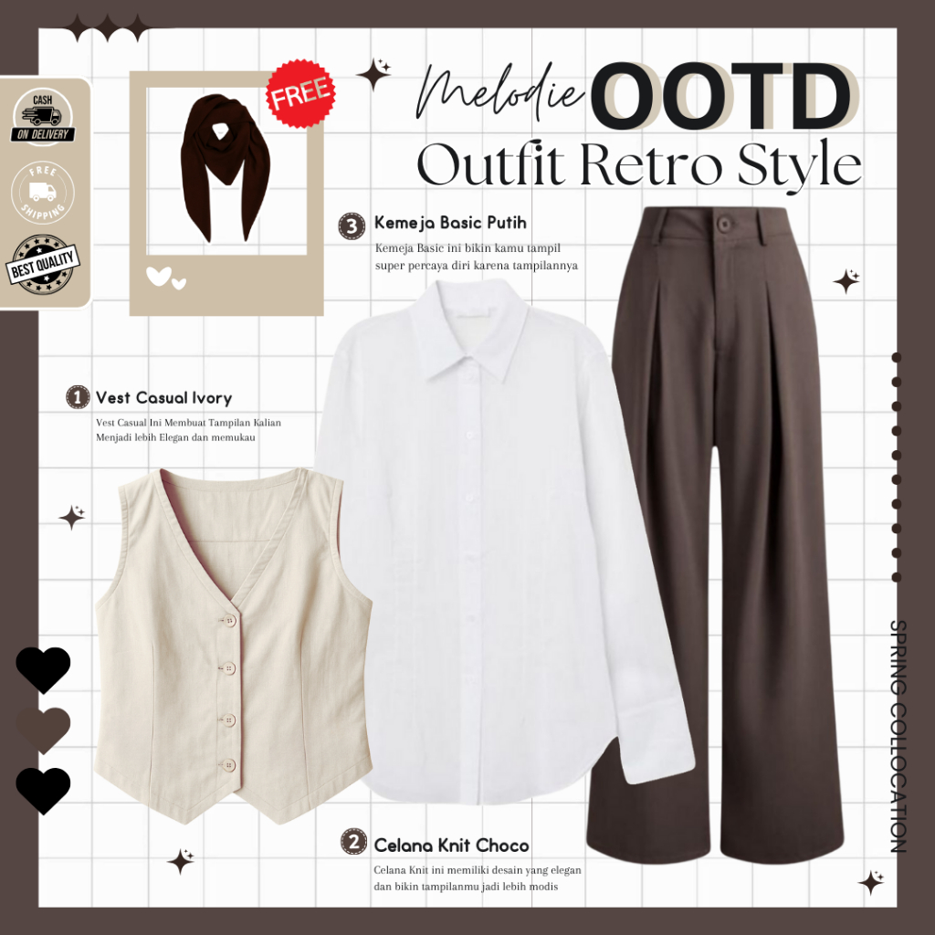 KEMEJA Modern Teenage Outfit (Bella Hijab + Basic Shirt + Jennie Knit) One Set for Teenage Women - M