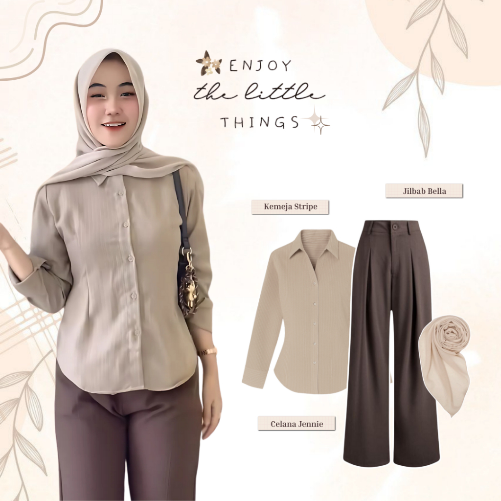 KEMEJA One Set Clean Outfit (เสื้อลายทาง, กางเกง Jennie, Bella Biscuit Hijab) Elegant Hangout - LN41