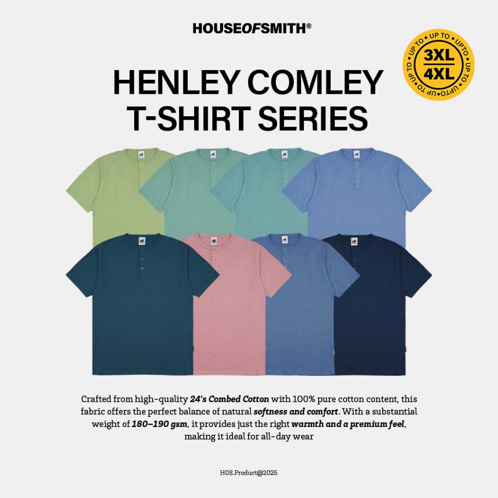 House of Smith เสื้อยืดแขนสั้นผู้ชาย Henley - เสื้อยืด Comley - เสื้อยืด Henley สั้น